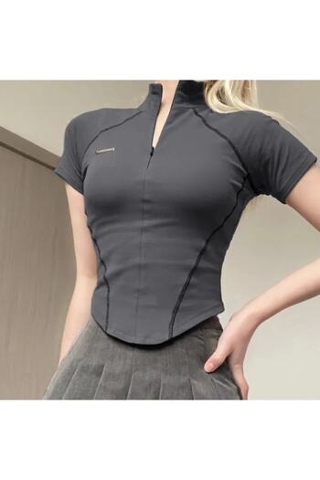 Köstebek Zippered Corset Cut Smoked Crop T-Shirt