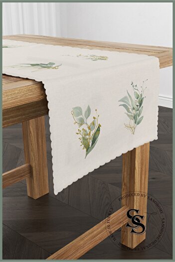 SasoHome Simple Modern Design Green Leaves Patterned Digital Printed Decorative Runner