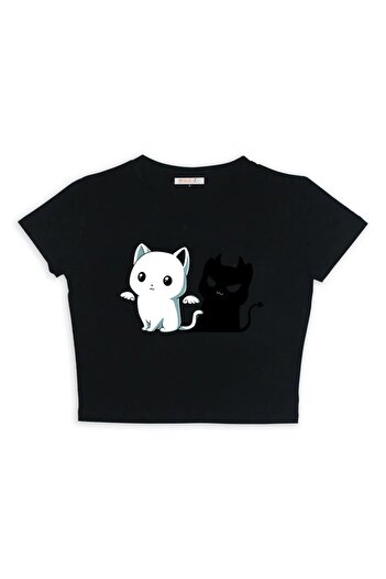 Touz Black Crop Eyl Angel and Devil Cat Design