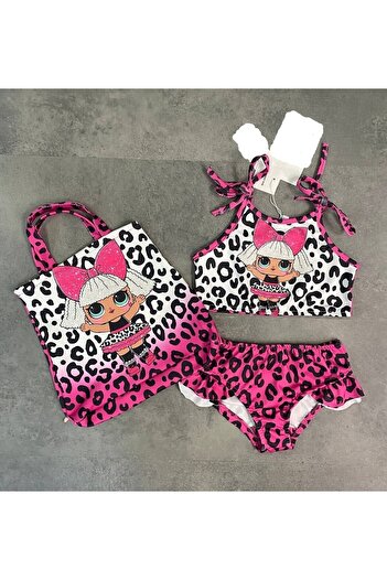 TRENDİMİZBİR Girl's Ruffle Bikini Set - Three Pieces Set, Printed Swimsuit
