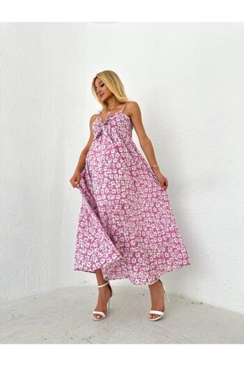 NEVZAT TEKSTİL Pink Linen Floral Detailed Strappy Front Tie Long Lined Dress