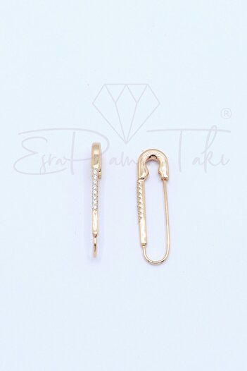 Esra Pamir Rose Gold Color Safety Pin Earrings with Zircon Stones