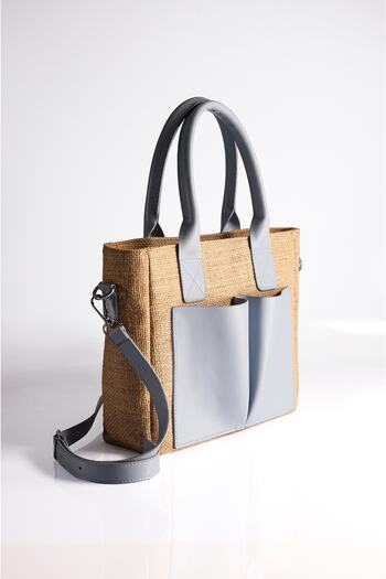Rimense Women's Straw Blue Pocket Long Strap Lined Medium Size Tote Bag