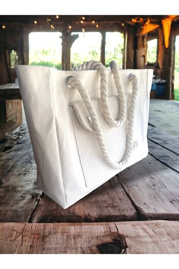 Nuggita Large Size Raw Linen Canvas Cotton Rope Strap Shoulder / Beach Bag