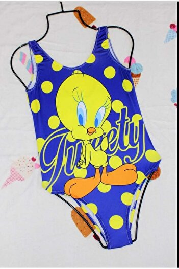 TİGERS TİGERSS navy blue tweety printed girls swimsuit