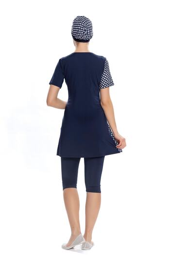 Starinci Mayo Lycra Semi-Closed Swimsuit Navy Blue Belt Detailed Houndstooth Pattern