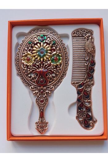 GALATA GIFT Σετ χτένας καθρέφτη με μεταλλικό σχέδιο λουλουδιών - 15x12