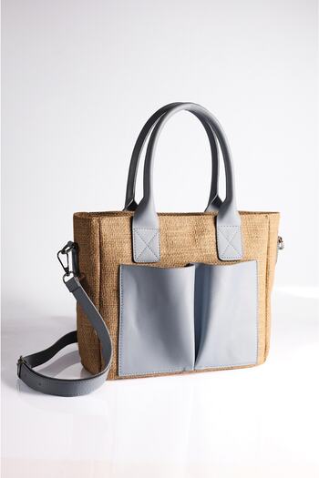 Rimense Women's Straw Blue Pocket Long Strap Lined Medium Size Tote Bag