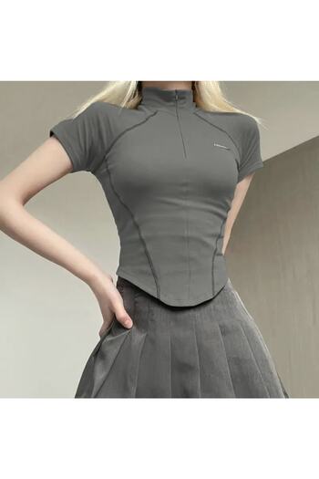 Köstebek Zippered Corset Cut Smoked Crop T-Shirt