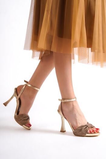 Modabuymus Nelson Gold Gold Bow Stone Platform Heeled Evening Dress Shoes