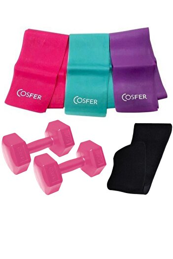 Cosfer 3-Piece Pilates Band Plates Elastics of Different Resistance 120x7.5 Cm + 1KG Dumbbell + Thermal Waist Belt