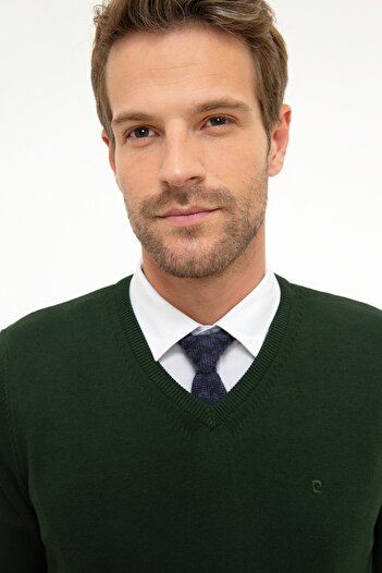 Pierre Cardin Men's Dark Green Slim Fit V-Neck Basic Knitwear Sweater