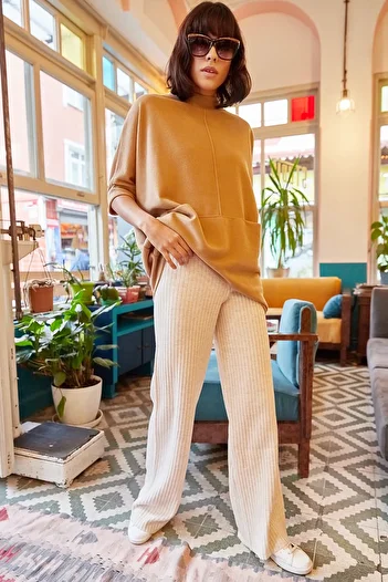 Olalook Women's Stone Ribbed Thick Knitwear Trousers PNT-19000055