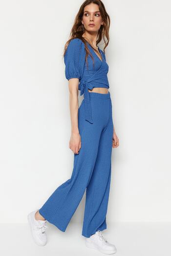 Trendyol Collection Indigo Double Breasted Collar Balloon Sleeve Textured Fabric Knitted Top and Bottom Set TWOSS23AU00068