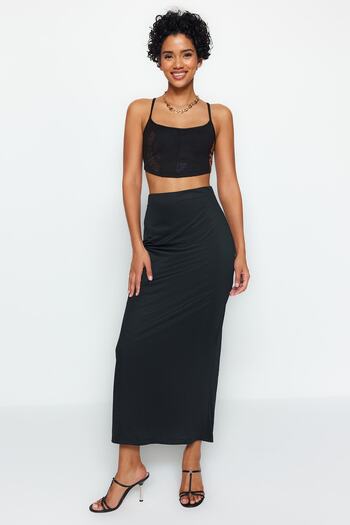 Trendyol Collection Μαύρη Maxi Ψηλόμεση Stretch Πλεκτή Φούστα TWOSS23ET00372