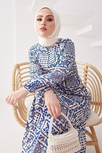 InStyle Sivena Flower Motif Viscose Hijab Dress - Indigo