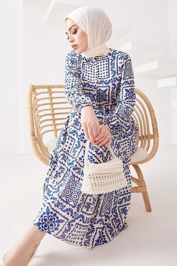 InStyle Sivena Flower Motif Viscose Hijab Dress - Indigo