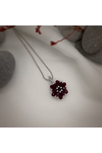 Sam Burgundy-Silver Cevşen Necklace - Chain / Handcrafted Crystal Bead Knitted /