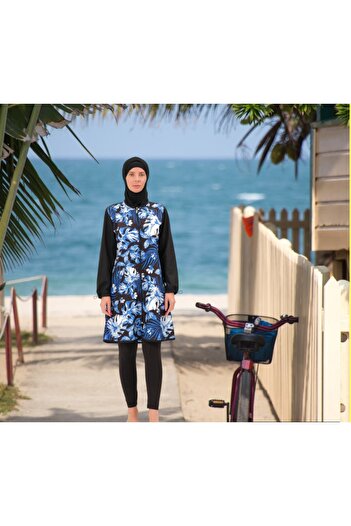 Shopiolog Long Micro Sleeve Floral Patterned Full Hijab Swimsuit