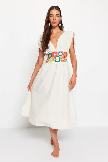 Trendyol Collection Beige Maxi Beach Dress with Woven Stripe Accessories TBESS23EL00331