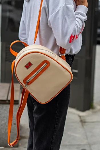 Garbalia Oslo Beige Orange Women's Backpack with Double Inner Pocket Detail and External Zipper Compartment