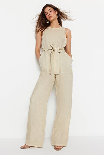 Trendyol Collection Beige Linen Belted Denim Jumpsuit