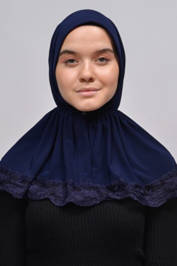 Altobeh Lacy Rubber Drawstring Interlining Banded Snap Fastener Ready Turban Practical Scarf-navy blue