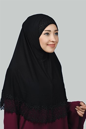 Altobeh Ikili Set Dantelli Pratik Eşarp Hazır Hijab Ve Tesettür Bonesi Xl - Siyah