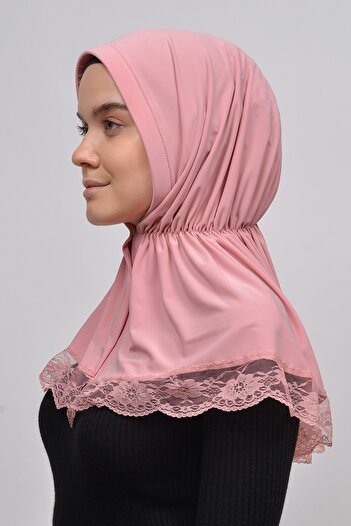 Altobeh Lacy Rubber Drawstring Interlining Banded Snap Fastener Ready Turban Practical Scarf-pink