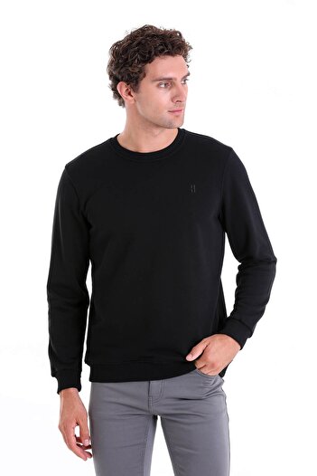 Hatemoğlu Black Regular Fit Plain Cotton Crew Neck Sweatshirt