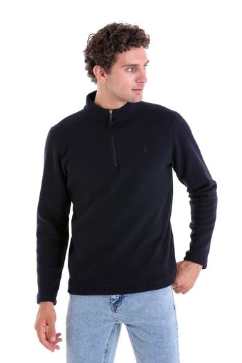 Hatemoğlu Navy Blue Regular Fit Plain Half Zipper Bato Collar Fleece Sweatshirt