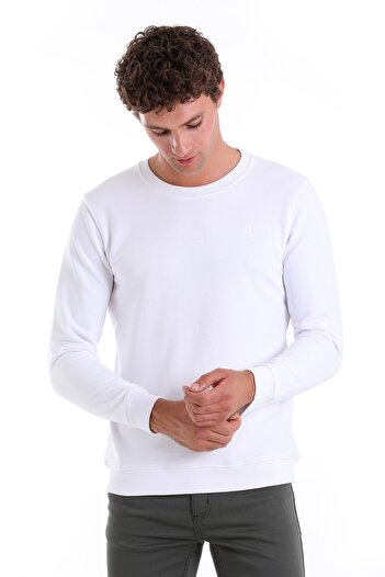 Hatemoğlu Beyaz Regular Fit Düz Pamuklu Bisiklet Yaka Sweatshirt
