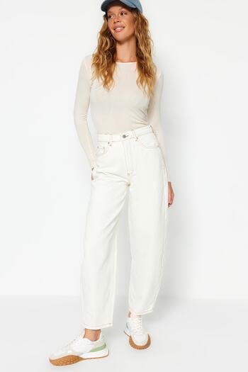 Trendyol Collection Blugi albi largi cu talie înaltă TWOSS23JE00295