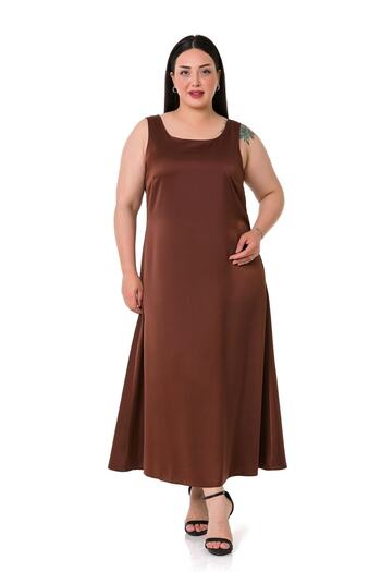 DISENTIS MODEST Plus Size U-Neck Satin Brown Long Dress