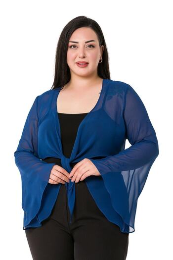 DISENTIS MODEST Plus Size Spanish Sleeve Tied Front Chiffon Navy Blue Bolero