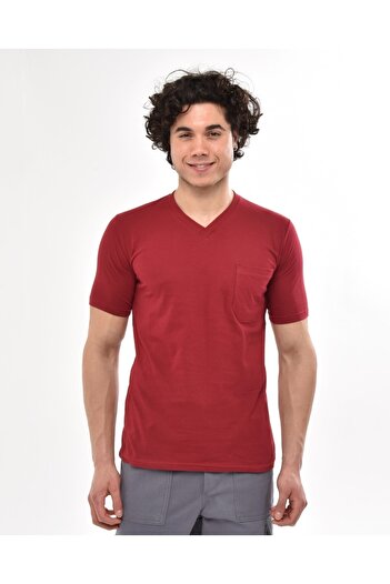 Çamdalı İş Elbiseleri Tricou de afaceri cu mânecă scurtă, cu decolteu în V, slim fit, roșu claret - Tricou cu decolteu în V