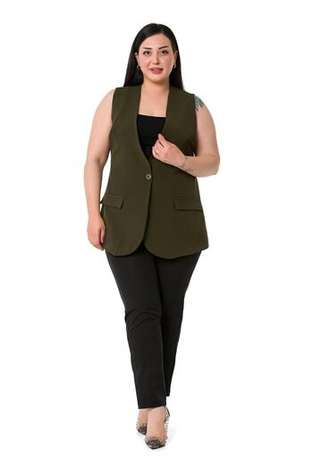 DISENTIS MODEST Large Size Single Button Ornamental Pocket Cover Khaki Lined Vest