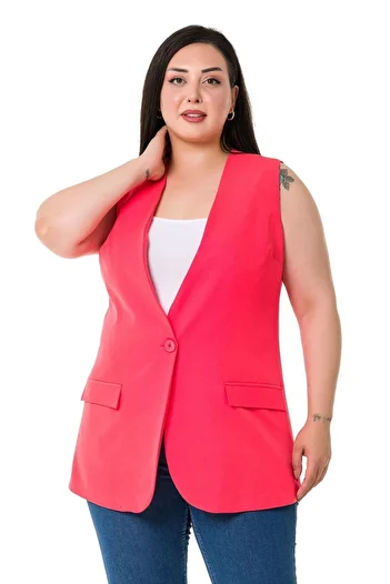 DISENTIS MODEST Large Size Single Button Coral Lined Vest with Ornamental Pocket Cover