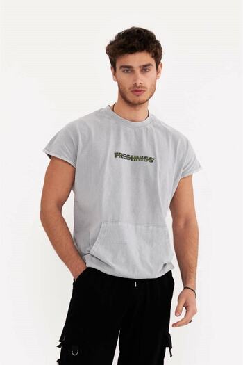 THIMOON Crew Neck Pocket Short Sleeve Blue T-shirt