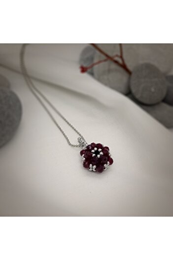 Sam Burgundy-Silver Cevşen Necklace - Chain / Handcrafted Crystal Bead Knitted /