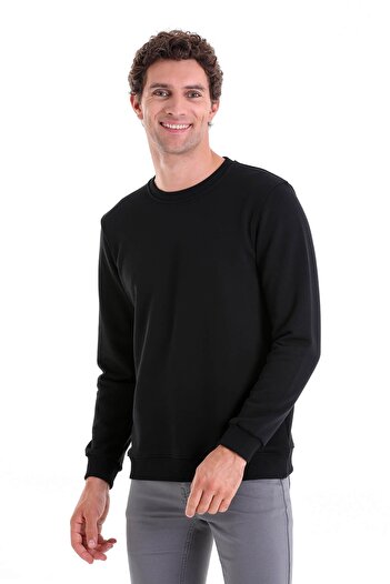 Hatemoğlu Black Regular Fit Plain Cotton Crew Neck Sweatshirt