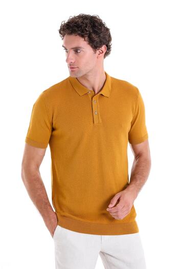 Hatemoğlu Mustard Regular Fit Jacquard Cotton Polo Collar Knitwear T-Shirt