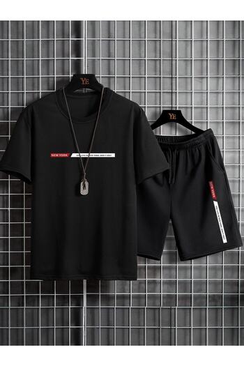 Revasser Unisex Μαύρο New York Προσαρμοσμένο εμπριμέ μπλουζάκι υπερμεγέθη σορτς χτενισμένο βαμβακερό