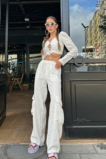 Seda Yalçın Atelier Ecru Cargo Pocket Linen Trousers