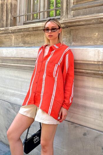 Swist Orange Double Striped Single Pocket A Pleat Women's Shirt