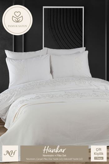 Nazik Home Hünkar Embroidered Double Duvet Cover + Pique 7 Piece Set