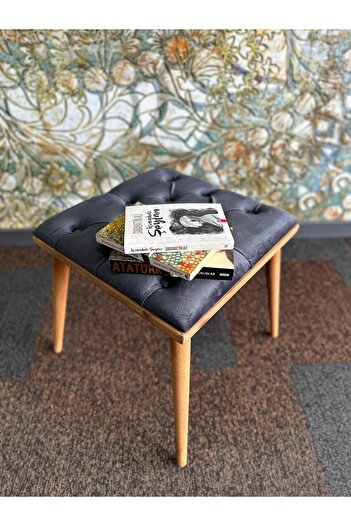 DTMHOME DTM HOME Kare Antrasit Ahşap Çerçeveli Kapitone Puf Bench