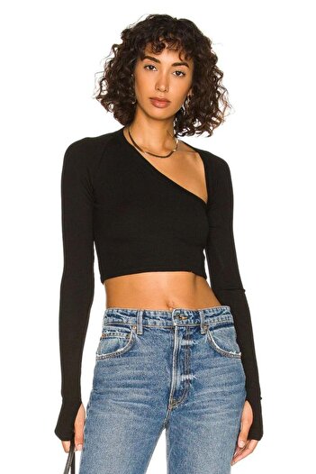 Zagrep Women's Black Collar Detailed Finger Snap Silk Jersey Crop Top