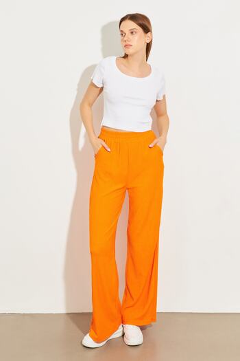Bipantolon Women's Orange Elastic Waist Double Pocket Wide Leg Wrinkled Pants