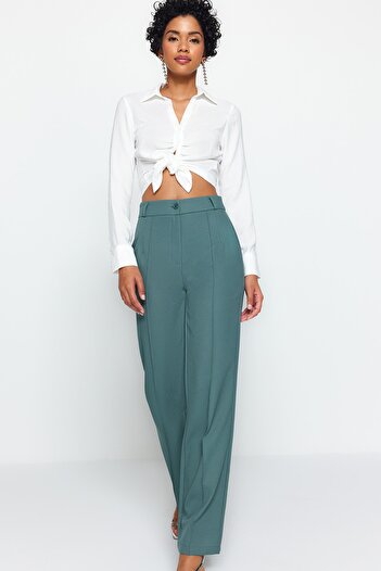 Trendyol Collection Dark Green Straight Cut High Waist Ribbed Stitched Woven Trousers TWOSS21PL0093